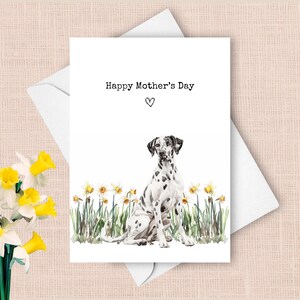 Tarjeta para el Día de la Madre de un dálmata, saludos de mi perro, narcisos amarillos, regalo para mamá, flores de primavera en acuarela.