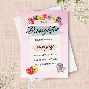Carte de fête des mères pour fille, carte mère fille florale personnalisée pour sa première fête des mères, avec nom personnalisé personnalisé