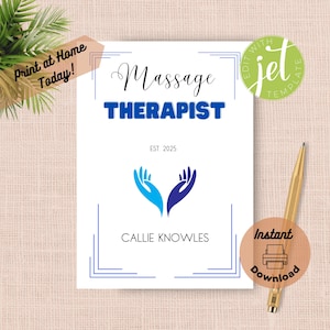 Druckbare personalisierte Masseur-Abschlusskarte, zu Hause bearbeitbare Vorlage, Massagetherapie-Geschenk, Lizenzprüfungszertifizierung