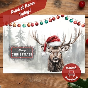 Afdrukbare kerstkaart eland, instant digitale download print thuis, besneeuwd winterbos, natuurvakantiecadeau, aquarel illustratie