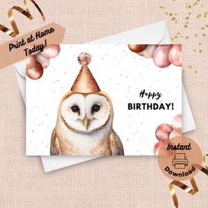 Cartão de aniversário de coruja de celeiro para impressão, download instantâneo, cartão para impressão em casa, cartão de aniversário de animal da natureza da floresta branca, ilustração em aquarela