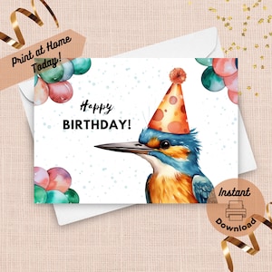 Biglietto di auguri di compleanno con martin pescatore stampabile, download immediato, stampa a casa, regalo con uccello tropicale azzurro, illustrazione ad acquerello