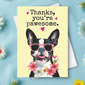 Boston Terrier Lustige Dankeskarte, Haustierhund danke humorvolle Wortspielgruß, benutzerdefinierter Name personalisiertes Geschenk, glücklicher Hund mit Sonnenbrille vorhanden