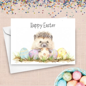 Carte de Pâques bébé hérisson, voeux d'oeufs de Pâques pastel, joli cadeau animal de jardin sauvage de printemps, adorable panier de Pâques aquarelle cadeau