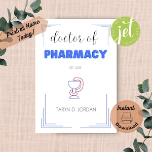 Carte de remise de diplôme PharmD personnalisée imprimable, modèle modifiable à imprimer à la maison pour docteur en pharmacie, pharmacien Pharm.D. Obtention du diplôme