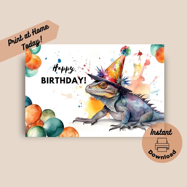 Printable Iguana Birthday Card, Instant Download, Print at Home Card, Colorful Lizard Birthday Card Illustration, Zoo Animal Birthday