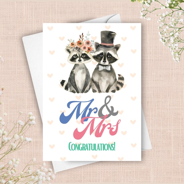 Raccoon Bride And Groom Wedding Card, Mr And Mrs Marriage Congratulations Card, Wild Animal In A Bowtie And Top Hat, Bride With Flower Crown