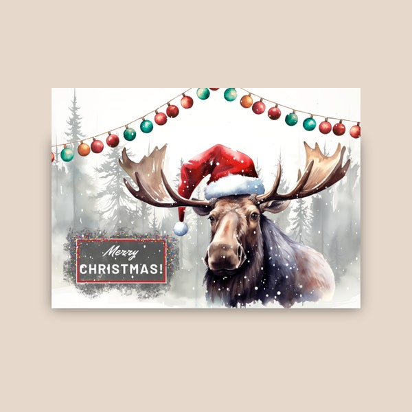 Moose Christmas Card, Christmas Santa Hat, Merry Christmas Moose Gift, Woodland Animal In A Snowy Wintery Scene, Watercolor Art Illustration