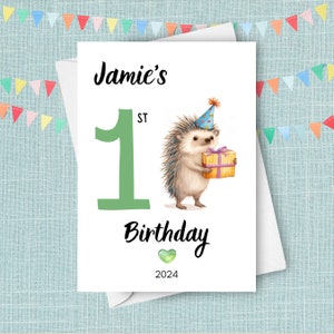 Cartão de primeiro aniversário de ouriço, presente de um ano, presente personalizado de ouriço fofo com nome personalizado, cartão de aquarela de primeiro aniversário
