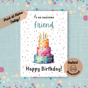 Printable Birthday Card for Friend, Instant Digital Download Print at Home Card, Happy Birthday Greeting Card for Friend, Watercolor Cake