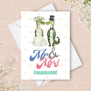 Carte de mariage alligator des mariés, carte de félicitations pour le mariage de M. et Mme, alligator dans un noeud papillon et haut-de-forme, mariée avec une couronne de fleurs