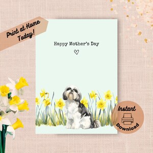 Tarjeta imprimible para el Día de la Madre de Shih Tzu, descarga instantánea, impresión en casa. Regalo para mamá con narcisos amarillos, flores de primavera y acuarela.