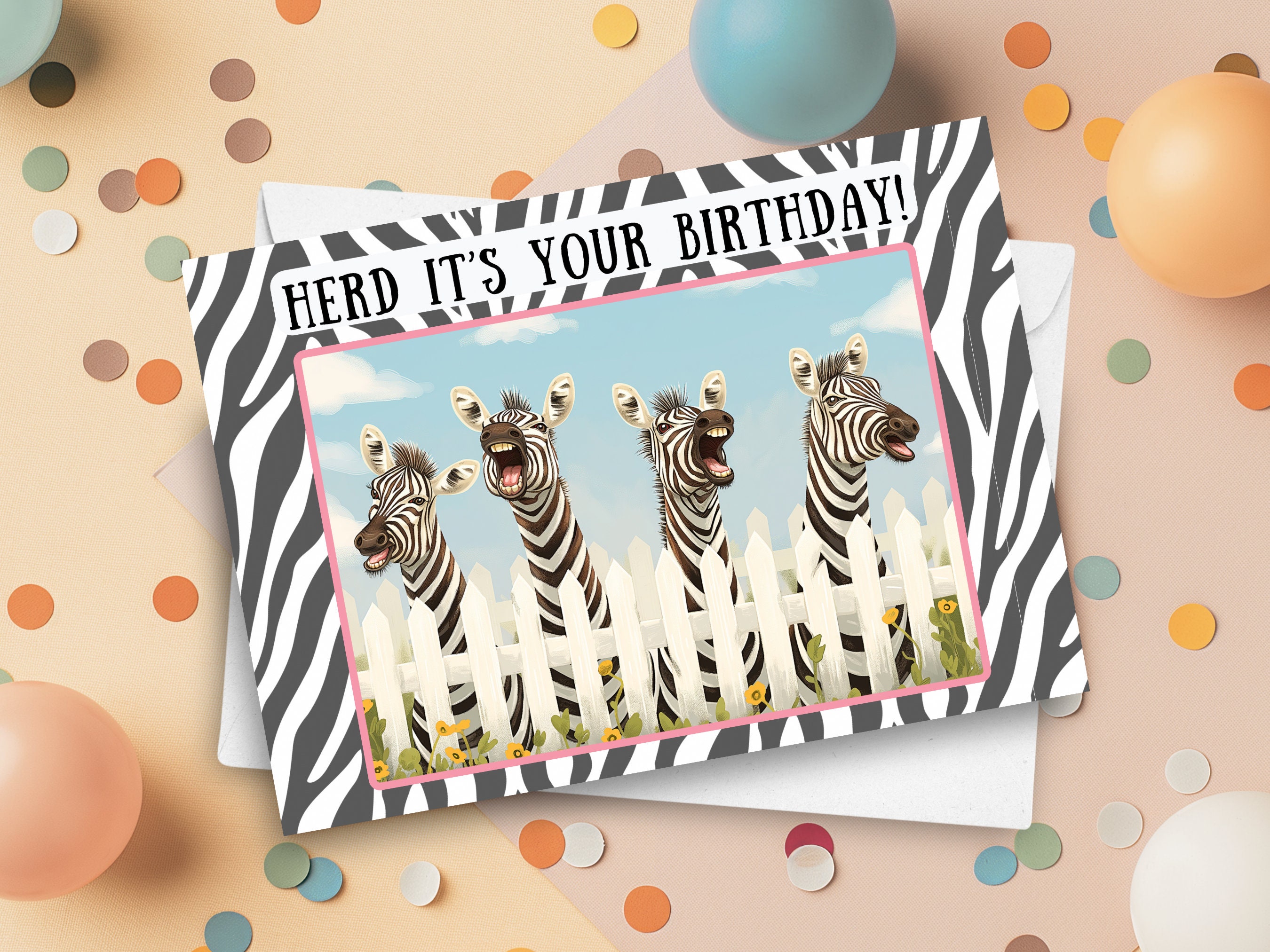 Funny Zebra Birthday Card, Herd It's Your Birthday Pun, Four Happy