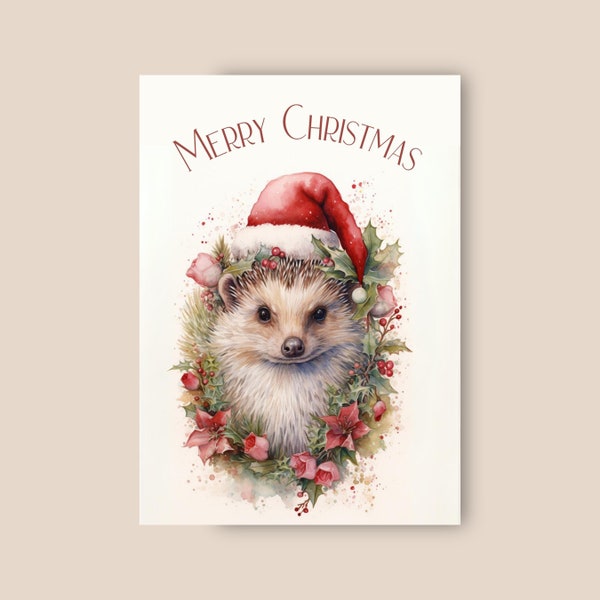 Hedgehog Christmas Card, Santa Hat And Red Poinsettia Wreath, Snowy Winter Scene, Cute Hedgehog Vintage Card, Watercolor Art Illustration