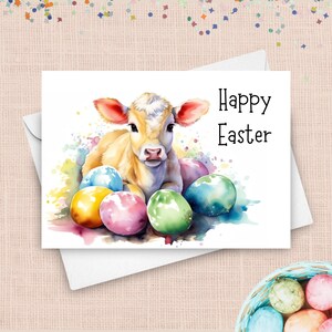 Cartão de feliz Páscoa com bezerro de vaca fofo, ovos de Páscoa, cartão de felicitações com pintura em aquarela, cartão de Páscoa de animal, em branco por dentro, cartão de presente de Páscoa