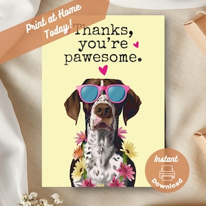 Tarjeta de agradecimiento divertida para imprimir con un perro de muestra, descarga instantánea para imprimir en casa, saludo con gafas de sol y un juego de palabras divertido de agradecimiento para perros de muestra