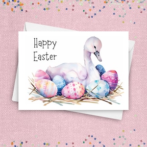 Carte de Pâques bébé cygne, voeux d'oeufs de Pâques pastel, cadeau animal mignon oiseau d'eau de source, adorable panier de Pâques aquarelle cygne cadeau