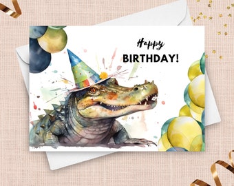 Alligator Birthday Card With Party Hat, Happy Birthday, Alligator Gift, Animal Birthday, Wildlife Greeting Card, Watercolor Art Illustration