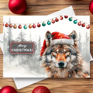 Wolf Weihnachtskarte, frohe Weihnachten Wolf trägt eine Weihnachtsmütze in einer verschneiten winterlichen Szene, wilder grauer Wolf-Feiertagsgeschenk, Aquarell-Illustration