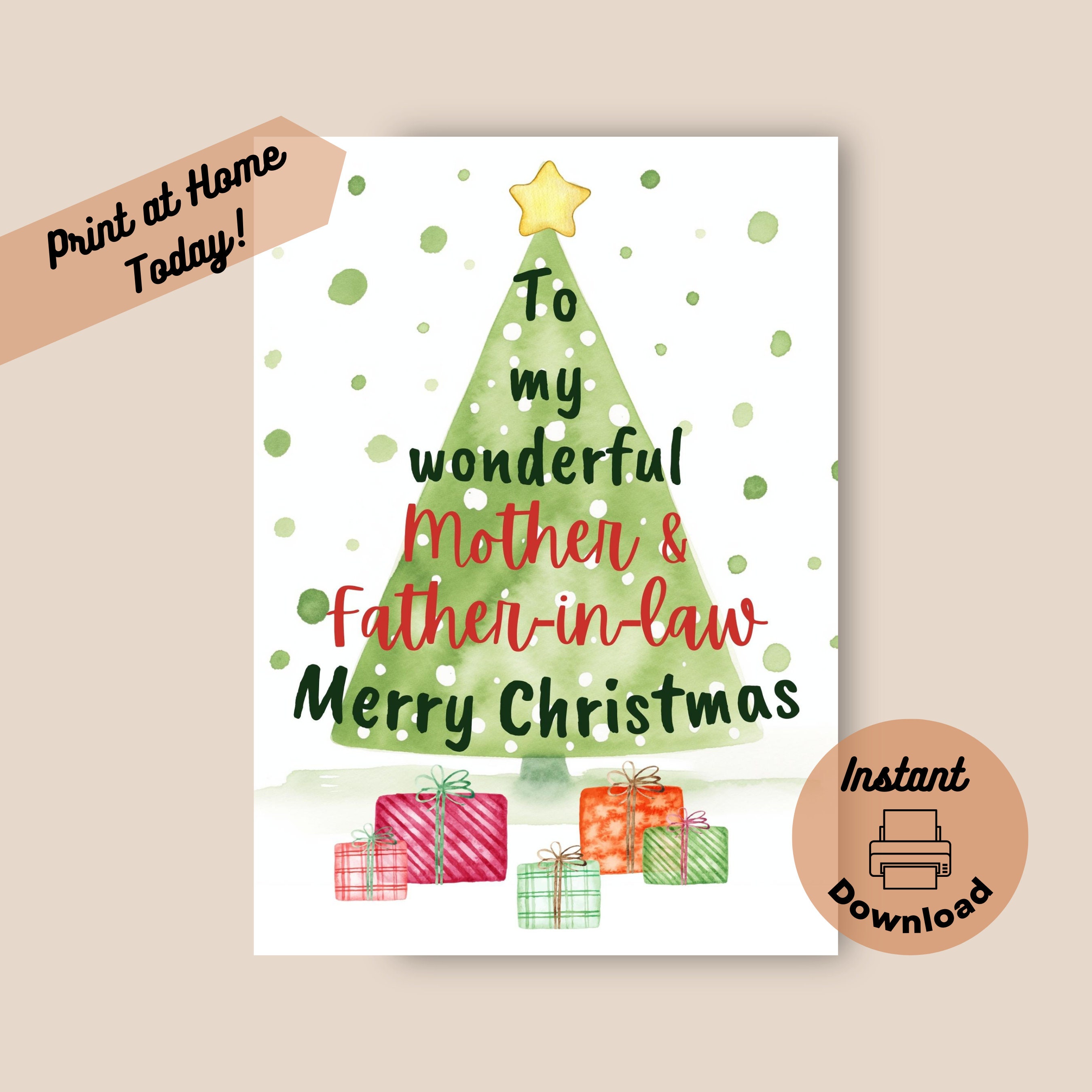 Biglietto di Natale stampabile per i suoceri, download digitale istantaneo  Biglietto da stampare a casa, albero di Natale, regali colorati stella  dorata in cima - Etsy Italia