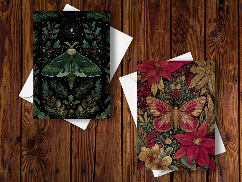 May include: Two greeting cards with nature-themed illustrations. One features a green moth with a dark background of holly and pine. The other card displays a red and gold butterfly surrounded by poinsettias and foliage. Both cards are on white envelopes.
