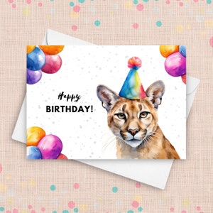 Cartão de aniversário do leão da montanha, chapéu e balões de festa de feliz aniversário, cartão de aniversário do puma, presentes do leão da montanha, ilustração em aquarela de Puma
