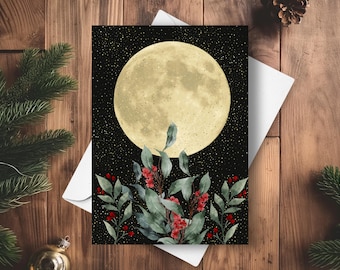 Full Moon Holiday Card, Dark Gothic Winter Solstice Art Print, Celestial Botanical Christmas Gift, Starry Night Sky with Yule Holly Berries