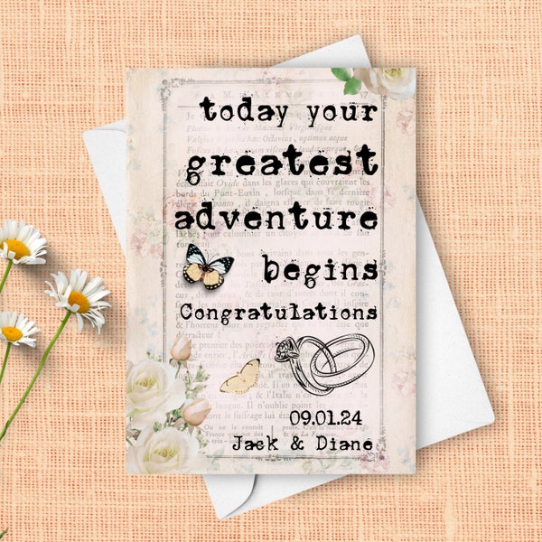 Personalized Vintage Book Page Wedding Card, Your Greatest Adventure Begins Congratulations Gift, Custom Couple Names And Marriage Date