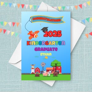 Kindergarten-Abschluss-Karte, 2025 Personalisierte Glückwunschkarte für Kindergartener, kundenspezifischer Name, Bauernhof mit Flugzeug und Tieren