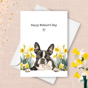 Boston Terrier Muttertagskarte, vom Haustierhund Alles Gute zum Muttertag Gruß, Gelbe Narzissen Geschenk für Mama, Frühlingsblumen Aquarell Geschenk