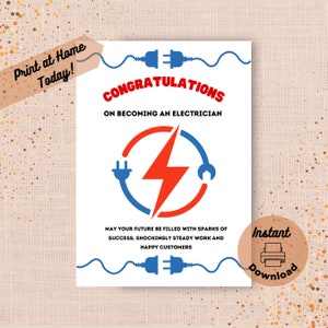 Tarjeta de graduación de electricista imprimible, descarga instantánea, tarjeta para imprimir en casa, obsequio para examen de escuela de oficios, regalo para programa de licencia de oficios especializados