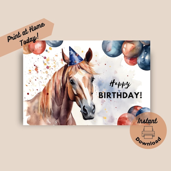 Printable Horse Birthday Card, Instant Download, Print at Home Card, Horse Gift, Farm Stable Animal Birthday Greeting Card, Watercolor Art