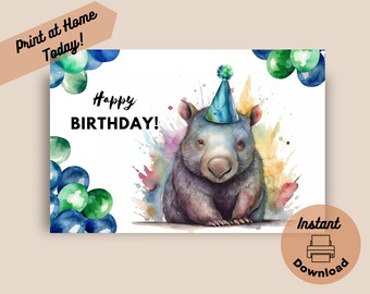 Printable Wombat Birthday Card, Instant Download, Print at Home Card, Colorful Wombat Birthday Card, Watercolor Zoo Animal Birthday Gift