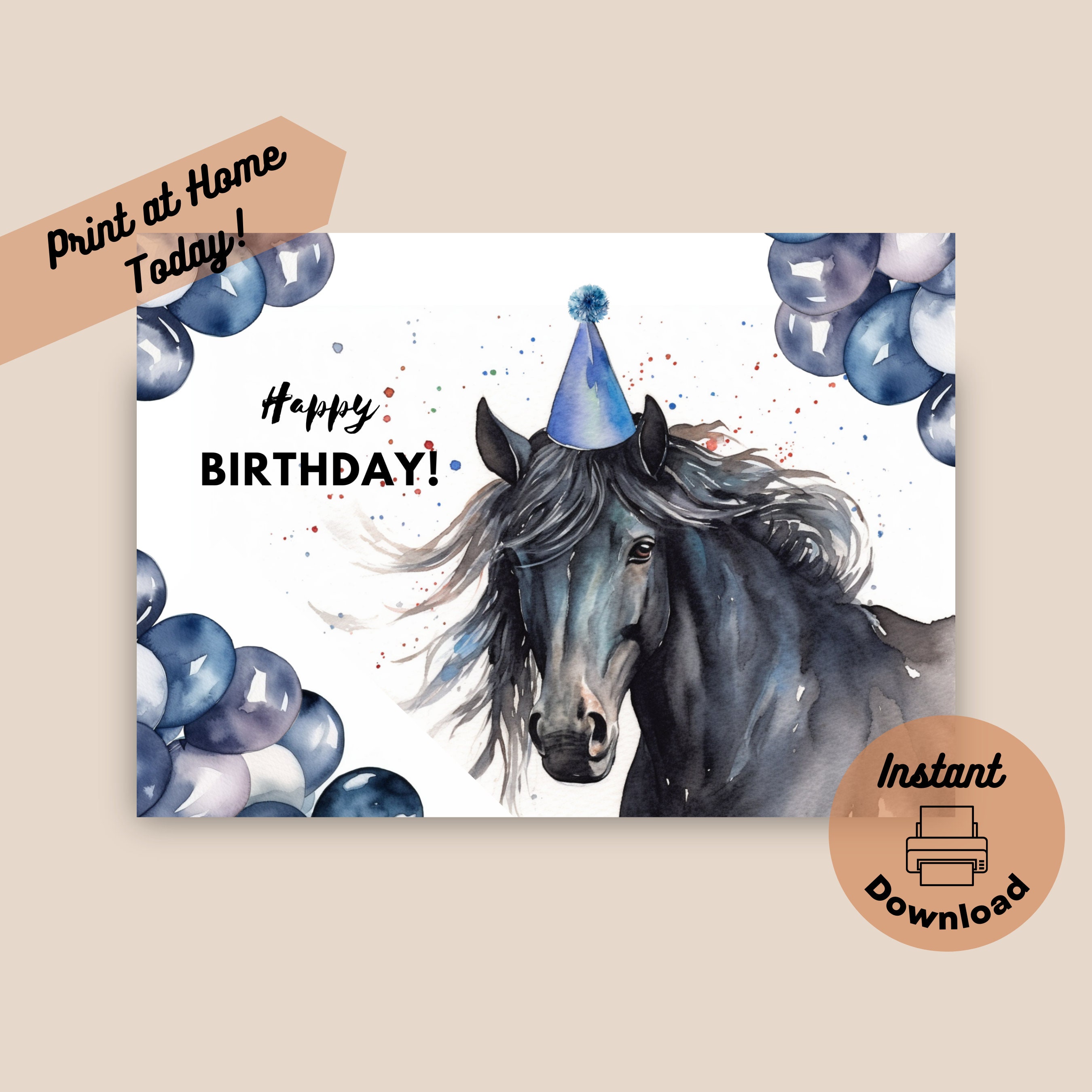 Printable Black Horse Birthday Card Instant Digital Download - Etsy