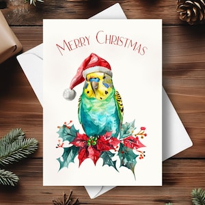 Wellensittich Vogel Sittich Weihnachtskarte, Trägt eine Weihnachtsmütze und rote Weihnachtsstern Girlande, Wellensittich Urlaub Geschenk, Aquarell Kunst Illustration