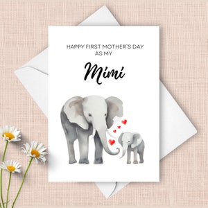 Tarjeta del Día de la Madre para Mimi, Tarjeta del Primer Día de la Madre para la Abuela, Elefantes en Acuarela, Tarjeta del Primer Día de la Madre para la Abuela