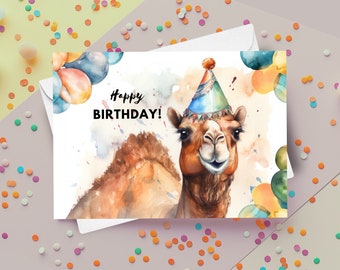 Carte d'anniversaire chameau avec chapeau de fête, joyeux anniversaire, cadeau chameau, anniversaire d'un animal de zoo, carte de voeux animal, illustration art aquarelle