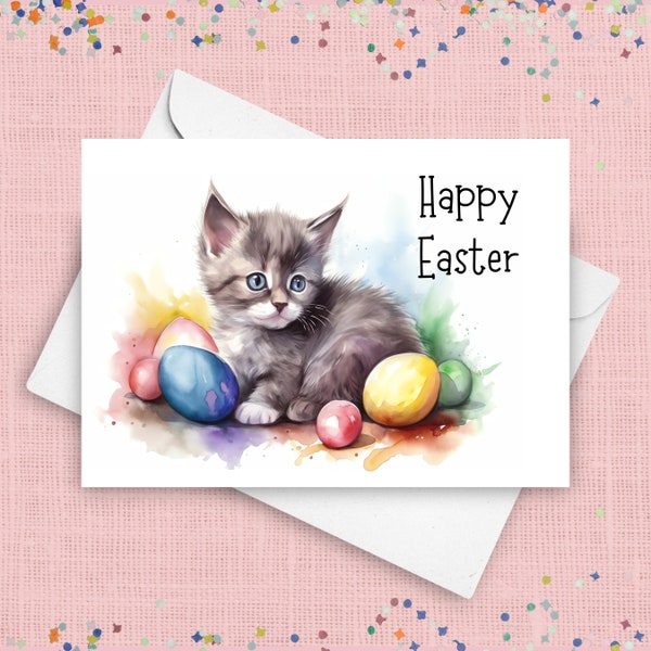 Cute Baby Kitten Cat Happy Easter Card, Easter Eggs, Watercolor Painting Greeting Card, Blank Inside, Easter Gift Notecard