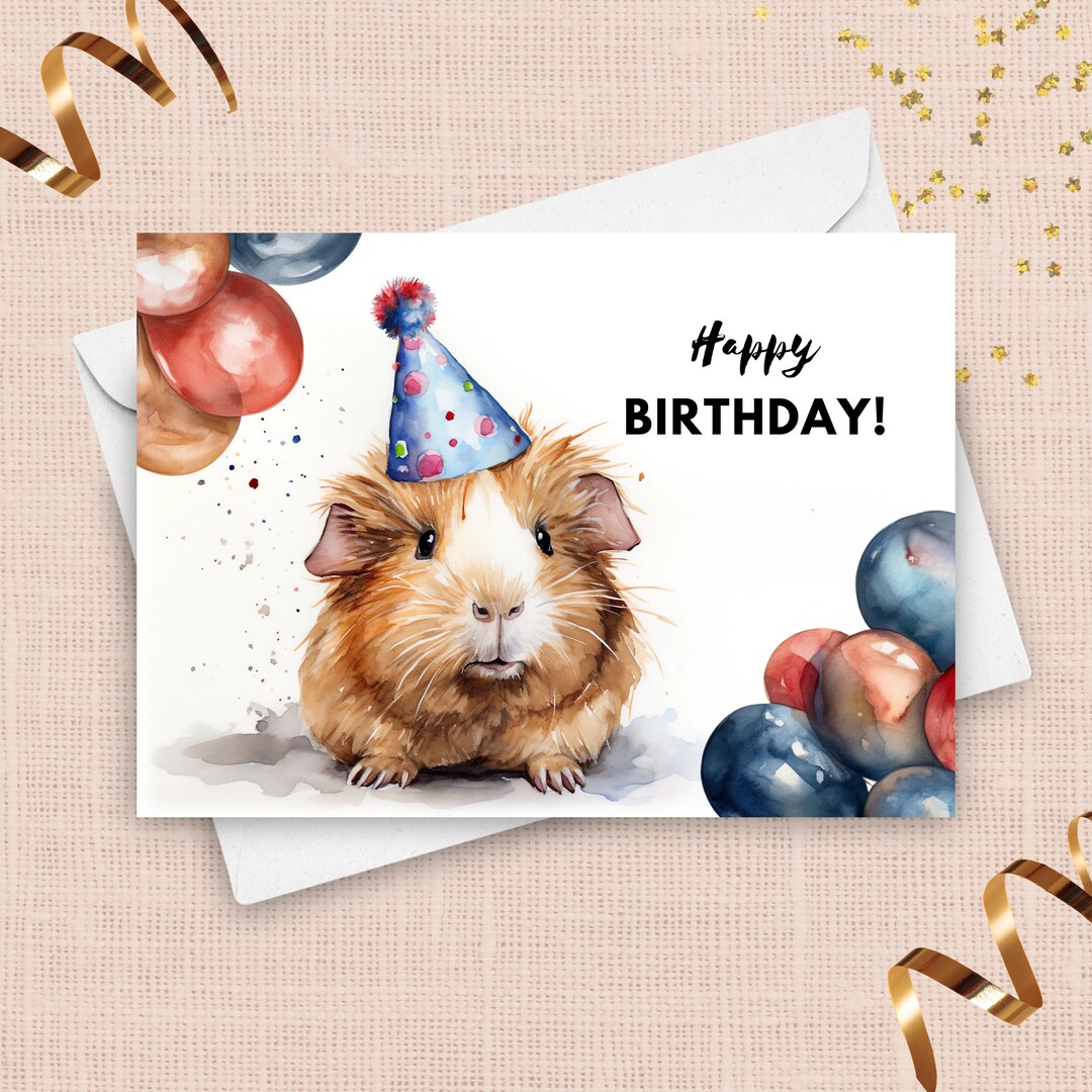 Guinea Pig Birthday Card Happy Birthday Party Hat And Balloons Guinea 