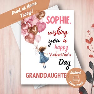 Druckbare Valentinstagskarte für Enkelin, sofortiger Download, Print at Home Karte, bearbeitbare personalisierte Valentinstagskarte mit benutzerdefiniertem Namen