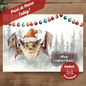 Afdrukbare vleermuiskerstkaart, instant digitale download print thuis, besneeuwd winterbos, fruitvleermuis vakantiecadeau, aquarel illustratie