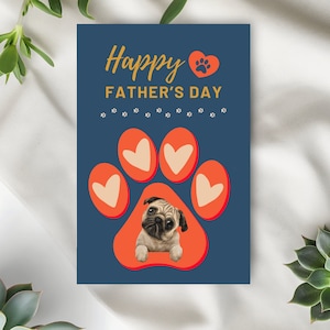 Vaderdagkaart mopshond, pootafdruk voor vaderdag mopshondthema, gelukkige Vaderdag van de hond, kaart voor mopshondvaders of dierenliefhebbers
