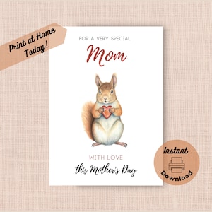 Tarjeta imprimible para el Día de la Madre con una ardilla (descarga instantánea para imprimir en casa), saludo de ardilla con un corazón para mamá, regalo de acuarela para mamá.