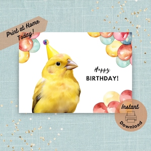 Carte d'anniversaire imprimable des canaris, téléchargement immédiat, carte à imprimer à la maison, cadeau d'anniversaire oiseau de compagnie, canari jaune, illustration aquarelle