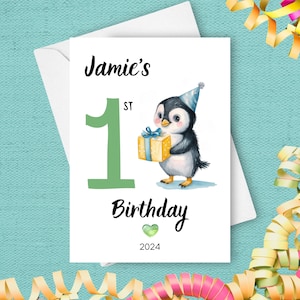 Carte de premier anniversaire pingouin, cadeau d'un an, oiseau mignon cadeau personnalisé avec nom personnalisé, 1er anniversaire d'animal d'aquarium aquarelle