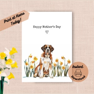 Tarjeta imprimible para el Día de la Madre de San Bernardo, descarga instantánea, impresión en casa. Regalo de narcisos amarillos para mamá, flores de primavera en acuarela.