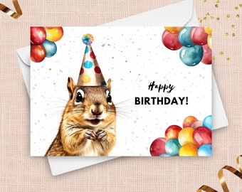 Chipmunk Birthday Card, Happy Birthday Party Hat And Balloons, Cute Chipmunk Gifts, Woodland Wildlife Card, Watercolor Illustration