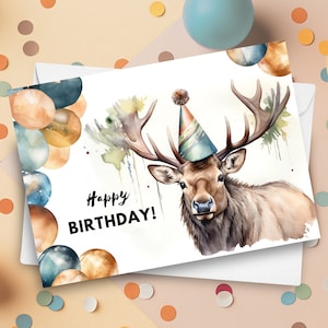 Tarjeta de cumpleaños de alce con gorro de fiesta, Feliz cumpleaños, Regalo de ciervo, Bonito cumpleaños de animal, Saludo de vida silvestre, Ilustración de arte de acuarela