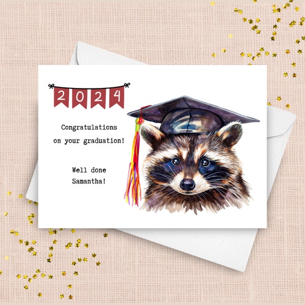 Personalized Raccoon Graduation Card, Custom School Raccoon 2024 Gift, High School College University Graduation Congratulations Present