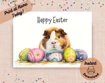 Printable Guinea Pig Easter Card, Instant Download Print at Home Easter Eggs Guinea Pig Greeting, Watercolor Baby Animal Easter Basket Gift